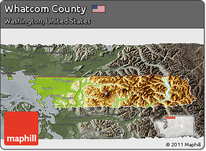 Physical 3D Map of Whatcom County, darken, semi-desaturated
