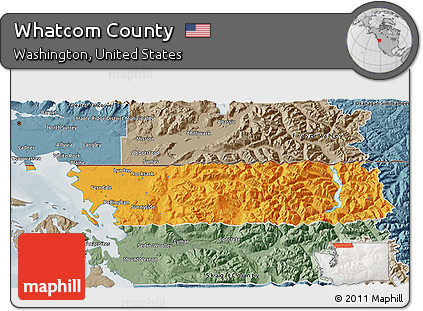 Political 3D Map of Whatcom County, semi-desaturated