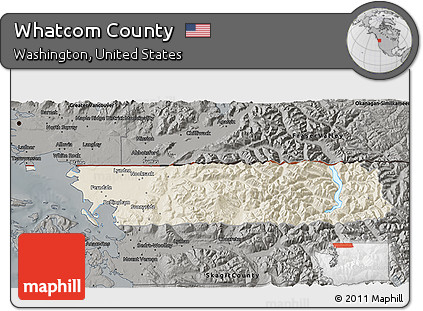 Shaded Relief 3D Map of Whatcom County, darken, semi-desaturated