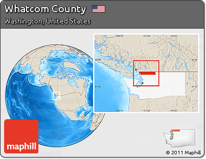 Shaded Relief Location Map of Whatcom County, highlighted parent region