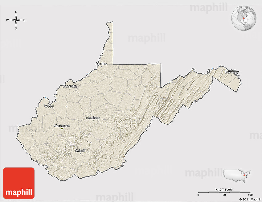 Shaded Relief 3D Map of West Virginia, cropped outside
