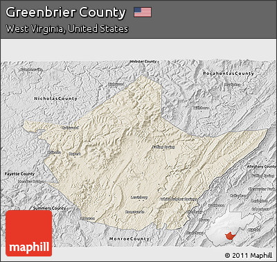 Shaded Relief 3D Map of Greenbrier County, desaturated