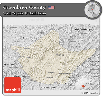 Shaded Relief 3D Map of Greenbrier County, desaturated