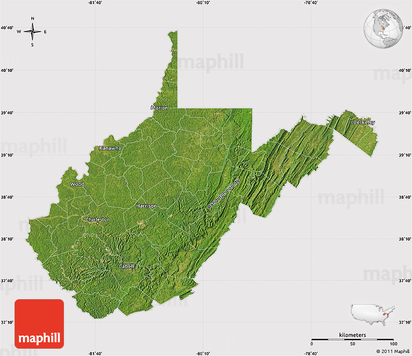Satellite Map of West Virginia, cropped outside