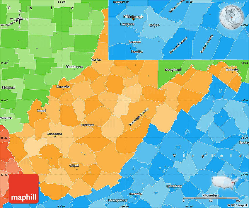 Political Shades Simple Map of West Virginia