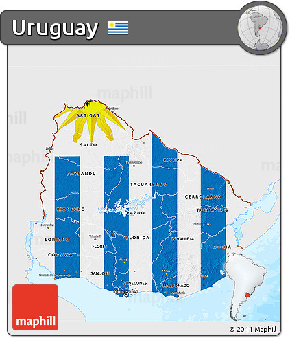 Flag 3D Map of Uruguay, single color outside, bathymetry sea, flag aligned to the middle
