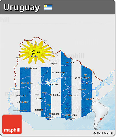 Flag 3D Map of Uruguay, single color outside, bathymetry sea, shaded relief sea, flag rotated