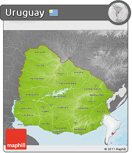 Physical 3D Map of Uruguay, desaturated, land only