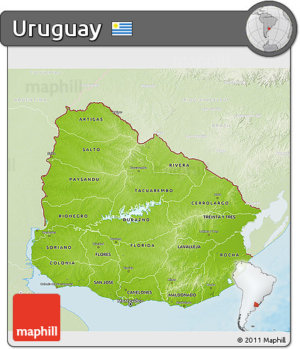 Physical 3D Map of Uruguay, lighten, land only