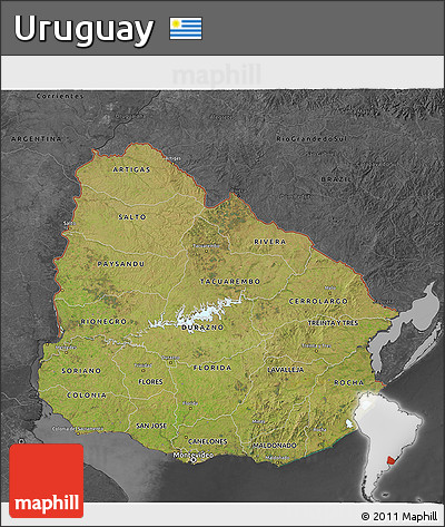 Satellite 3D Map of Uruguay, darken, desaturated