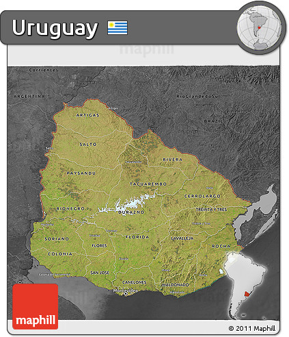 Satellite 3D Map of Uruguay, darken, desaturated