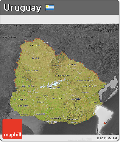 Satellite 3D Map of Uruguay, darken, desaturated