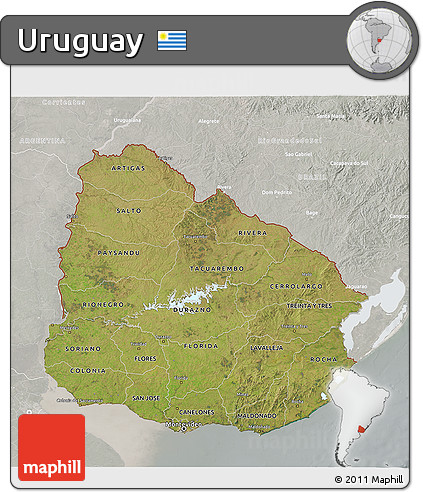 Satellite 3D Map of Uruguay, lighten, semi-desaturated