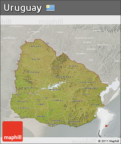 Satellite 3D Map of Uruguay, lighten, semi-desaturated