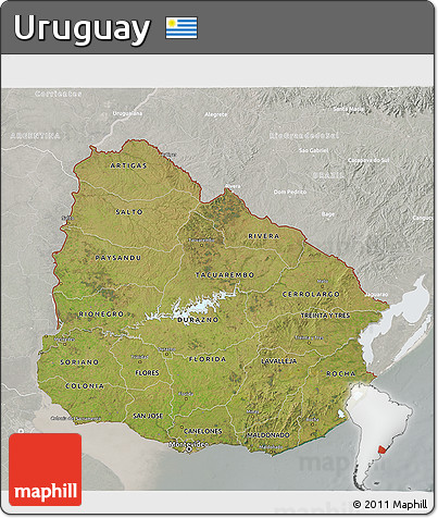 Satellite 3D Map of Uruguay, lighten, semi-desaturated