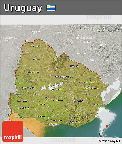 Satellite 3D Map of Uruguay, lighten, semi-desaturated, land only