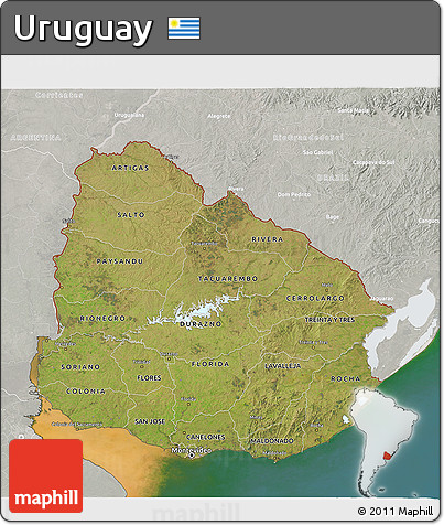 Satellite 3D Map of Uruguay, lighten, semi-desaturated, land only
