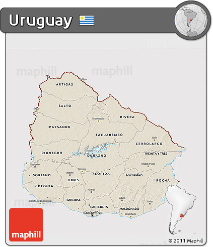 Shaded Relief 3D Map of Uruguay, cropped outside