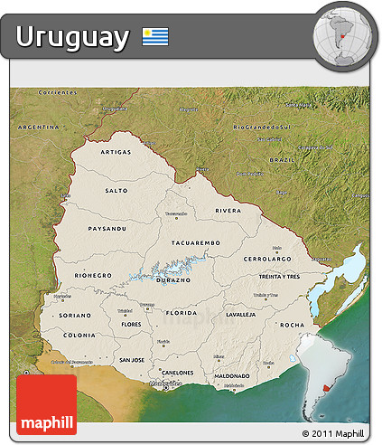 Shaded Relief 3D Map of Uruguay, satellite outside