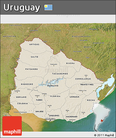 Shaded Relief 3D Map of Uruguay, satellite outside
