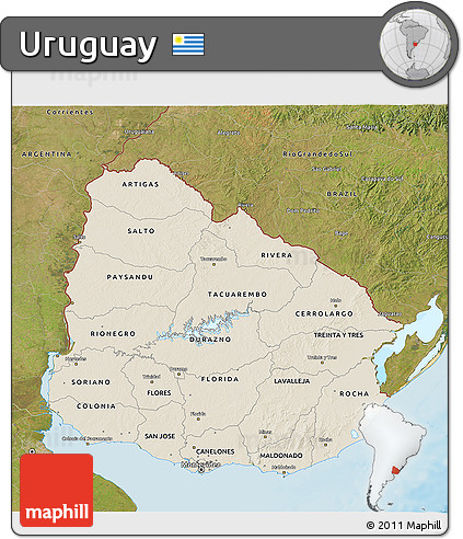 Shaded Relief 3D Map of Uruguay, satellite outside, shaded relief sea