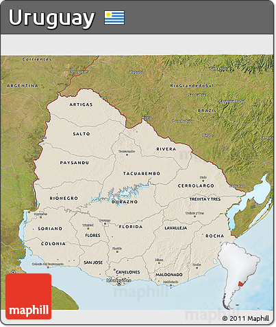 Shaded Relief 3D Map of Uruguay, satellite outside, shaded relief sea