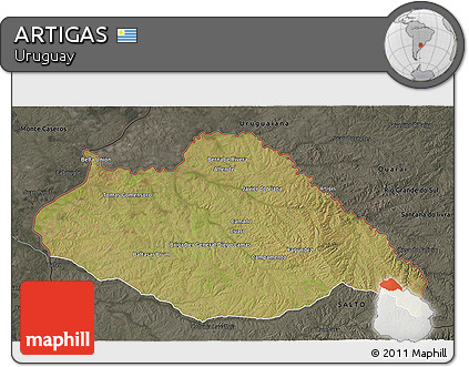 Satellite 3D Map of ARTIGAS, darken, semi-desaturated