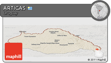 Shaded Relief Panoramic Map of ARTIGAS, lighten, semi-desaturated