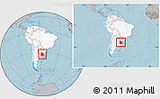 Gray Location Map of Uruguay, highlighted continent, within the entire continent, hill shading