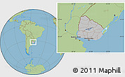 Gray Location Map of Uruguay, savanna style outside, hill shading inside