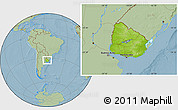 Physical Location Map of Uruguay, savanna style outside, hill shading