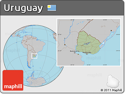 Savanna Style Location Map of Uruguay, gray outside, hill shading inside