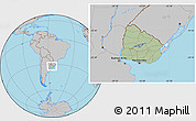 Savanna Style Location Map of Uruguay, gray outside, hill shading inside