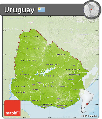 Physical Map of Uruguay, lighten, land only