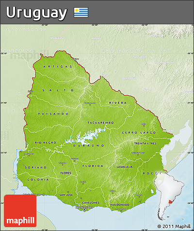Physical Map of Uruguay, lighten, land only