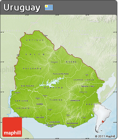 Physical Map of Uruguay, lighten, land only