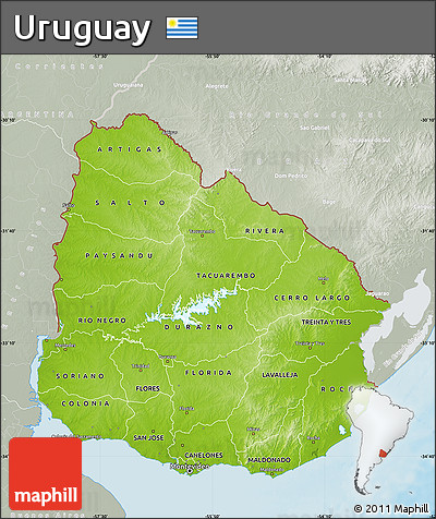 Physical Map of Uruguay, lighten, semi-desaturated, land only