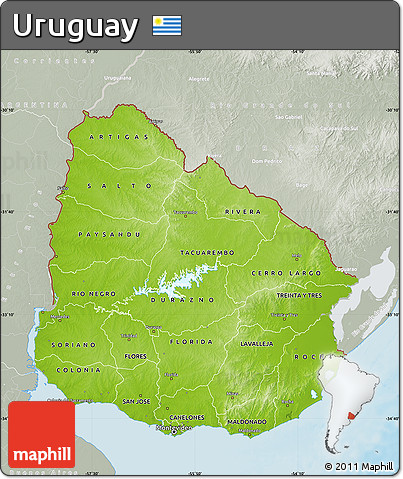 Physical Map of Uruguay, lighten, semi-desaturated, land only