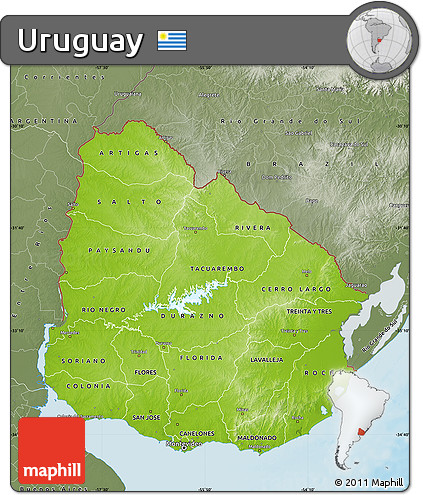 Physical Map of Uruguay, semi-desaturated, land only