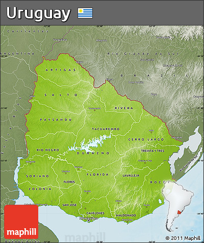Physical Map of Uruguay, semi-desaturated, land only