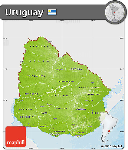 Physical Map of Uruguay, single color outside, bathymetry sea, shaded relief sea