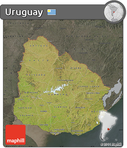 Satellite Map of Uruguay, darken, semi-desaturated