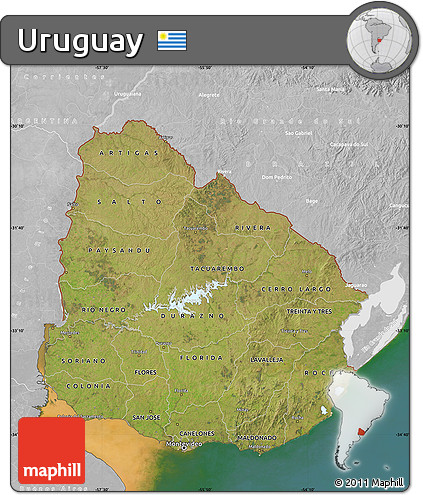 Satellite Map of Uruguay, lighten, desaturated, land only
