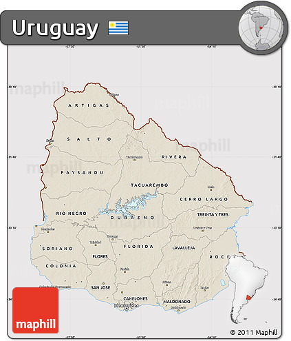 Shaded Relief Map of Uruguay, cropped outside