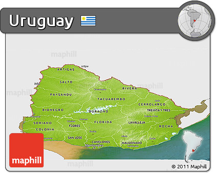 Physical Panoramic Map of Uruguay, single color outside, satellite sea