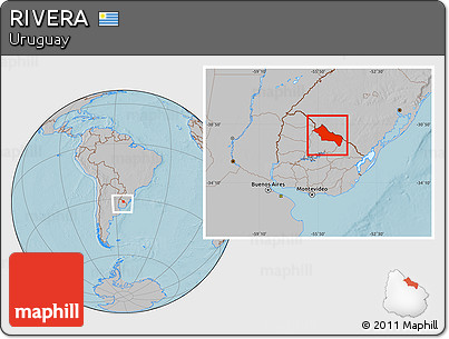 Gray Location Map of RIVERA, within the entire country, hill shading