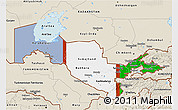 Flag 3D Map of Uzbekistan, shaded relief outside, bathymetry sea, flag aligned to the middle