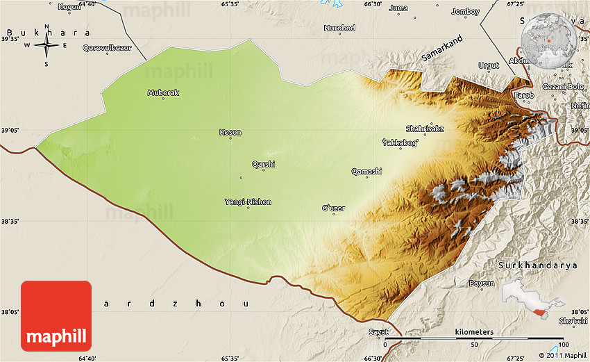 Physical Map of Kashkadarya, shaded relief outside