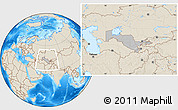 Gray Location Map of Uzbekistan, shaded relief outside, hill shading