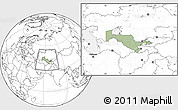 Savanna Style Location Map of Uzbekistan, blank outside, hill shading inside